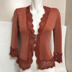Joseph Bronze Orange Shimmery Lace Collar Cardigan